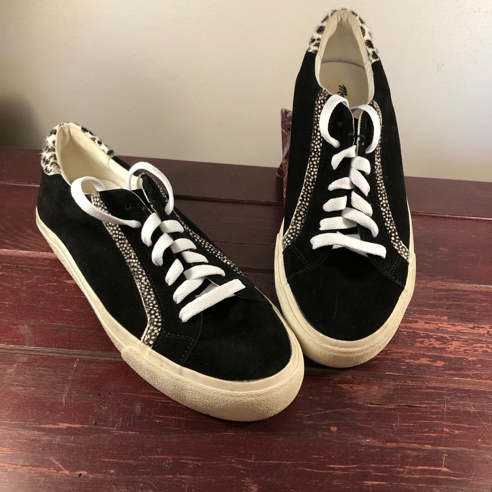 Madewell Sidewalk Low-Top Sneakers Black Suede with Animal Print Accents Size 9